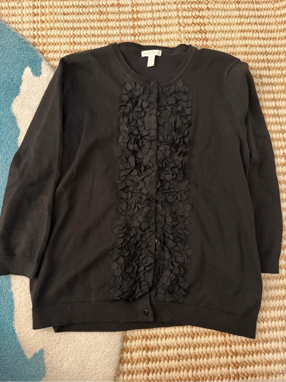 Charter Club Black Floral Appliqué Button-Front Cardigan XL